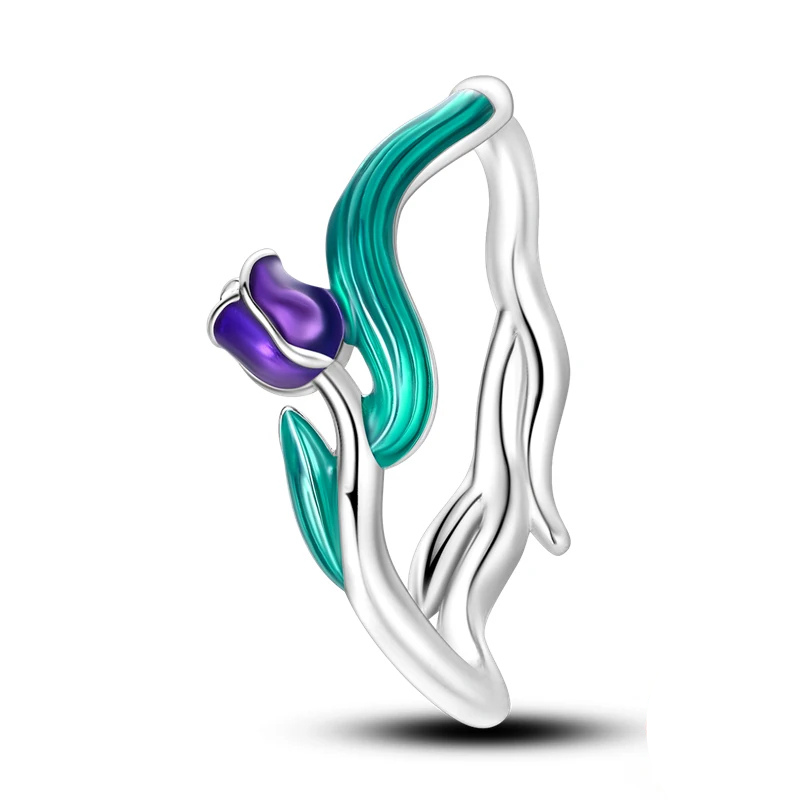 Bague Fleur Tulipe Anneau Floral Émaillé Violet & Vert