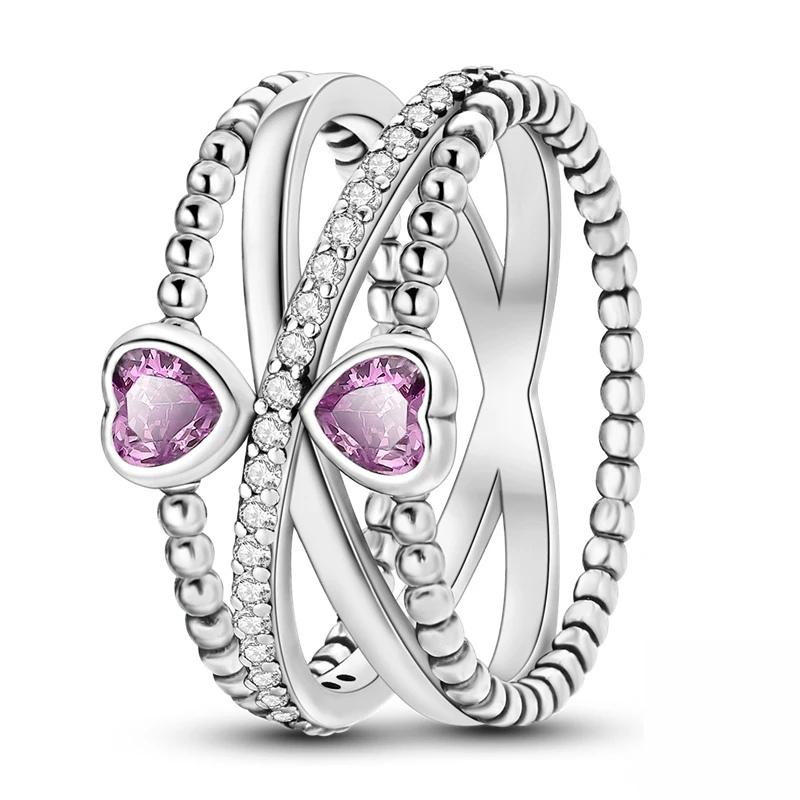 Bague Double Cœurs Anneau Croisé Élégant avec Cristaux Rose