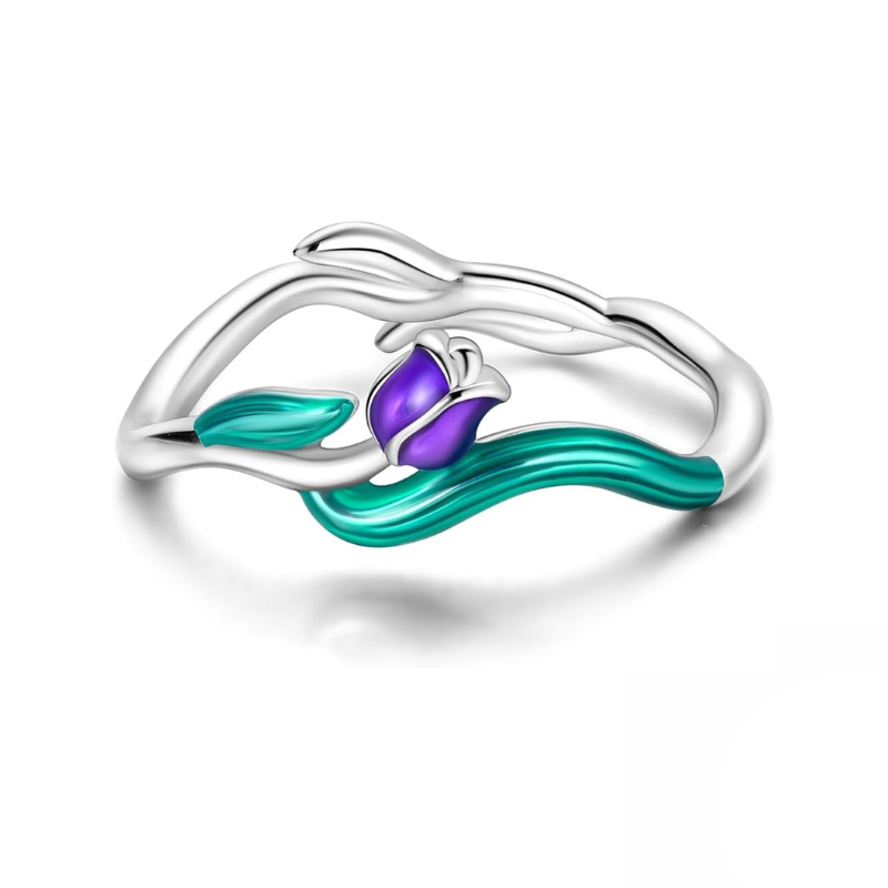 Bague Fleur Tulipe Anneau Floral Émaillé Violet & Vert