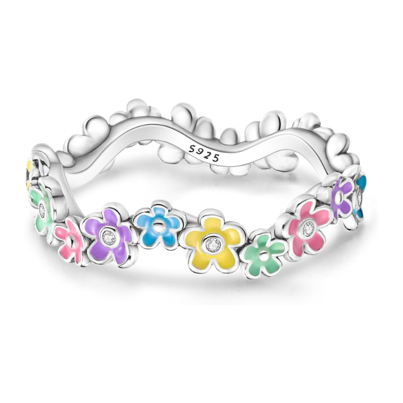 Bague Fleur Colorée Anneau Floral Émail Multicolore