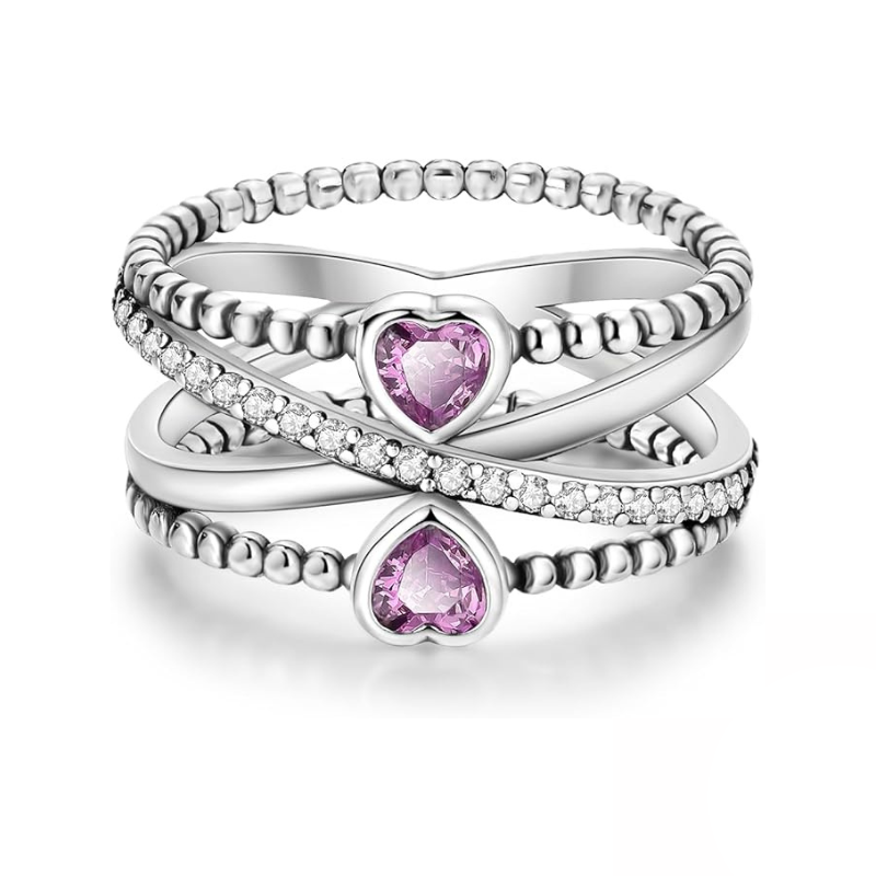 Bague Double Cœurs Anneau Croisé Élégant avec Cristaux Rose