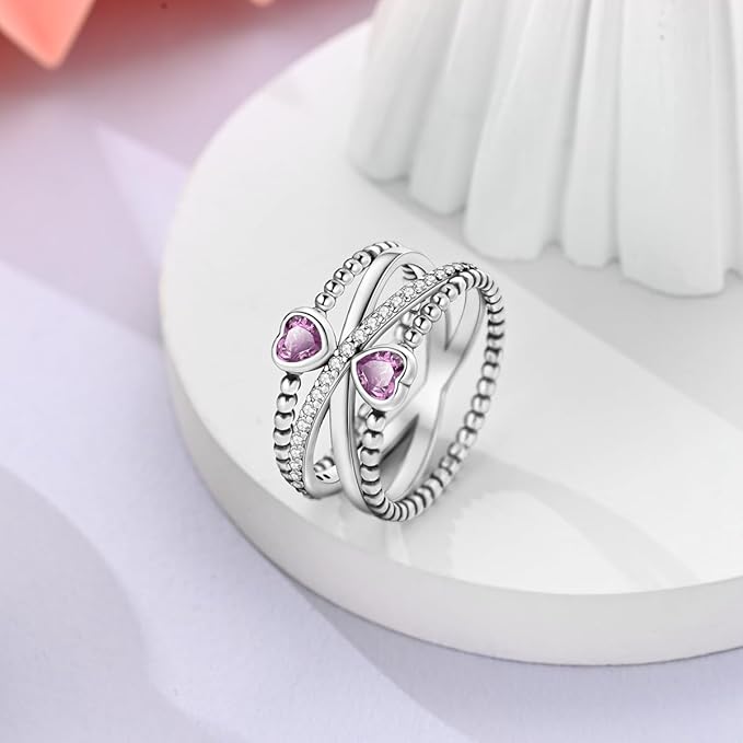 Bague Double Cœurs Anneau Croisé Élégant avec Cristaux Rose