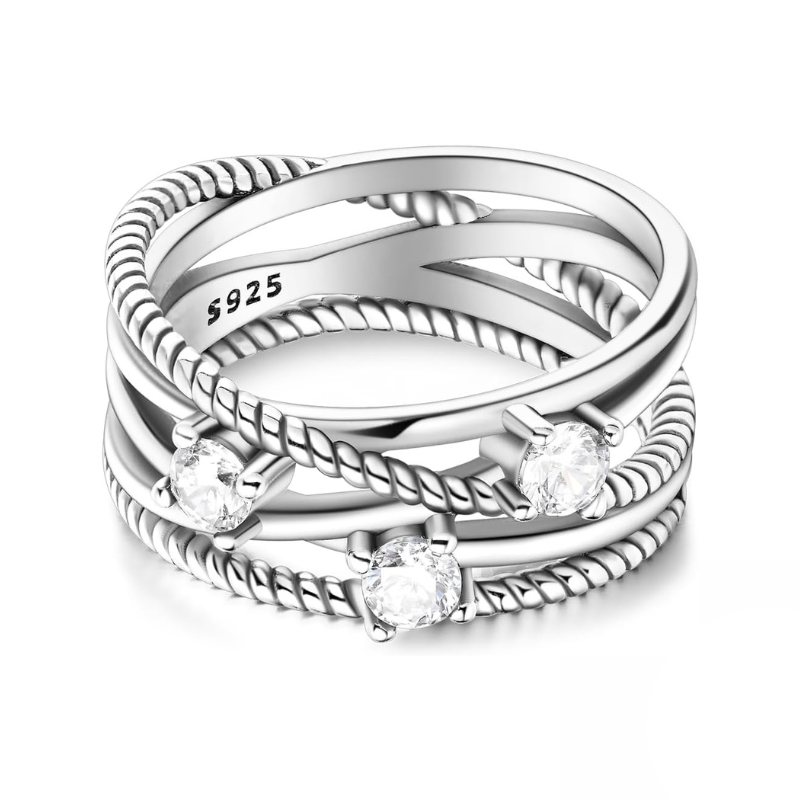 Bague Triple Rang Élégance Tressée avec Zircons Brillants