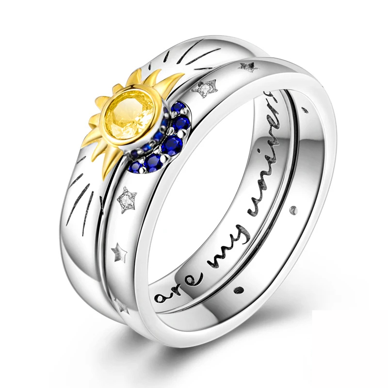 Bague Soleil & Univers Astrale avec Pierre Jaune et Zircons Bleus