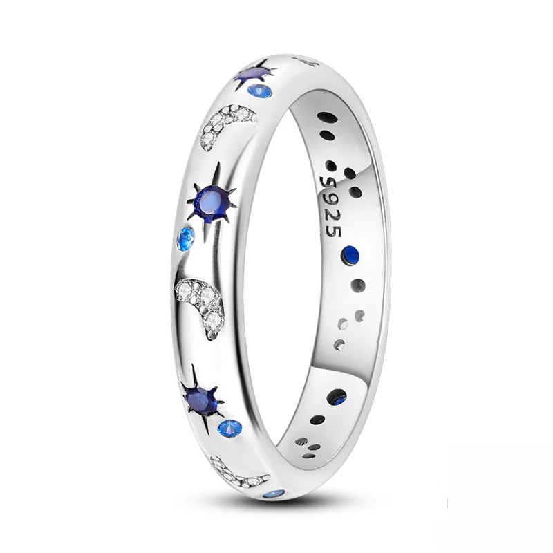 Bague Lune & Étoiles Anneau Astral avec Pierres Bleues et Zircons