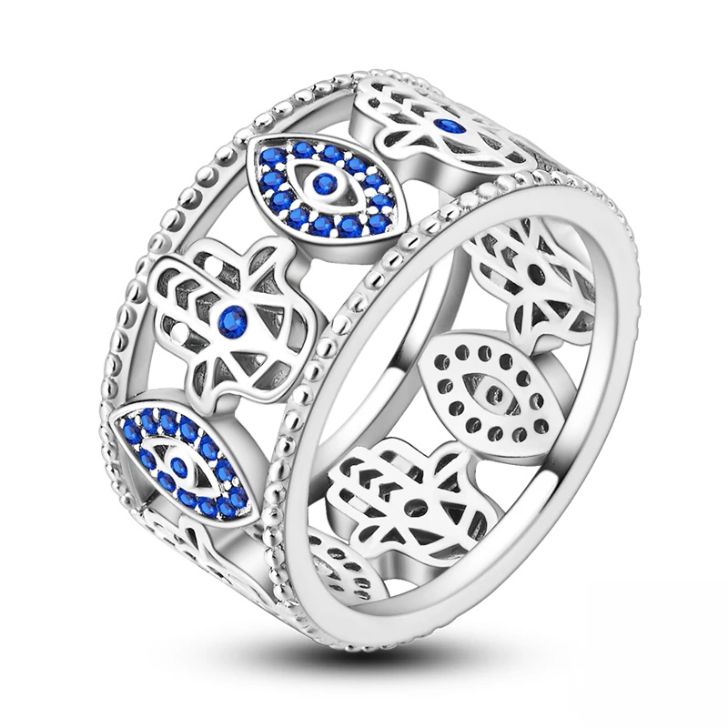 Bague Main de Fatma & Œil Protecteur Anneau Anti-Mauvais Œil avec Cristaux Bleus