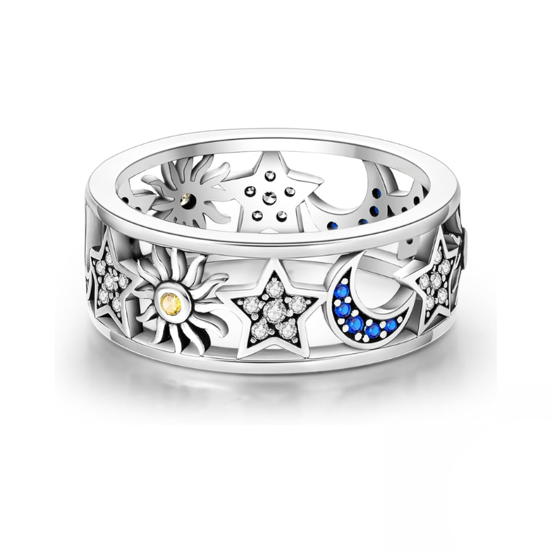 Bague Soleil Lune Étoiles Cosmiques avec Zircons et Émail Bleu