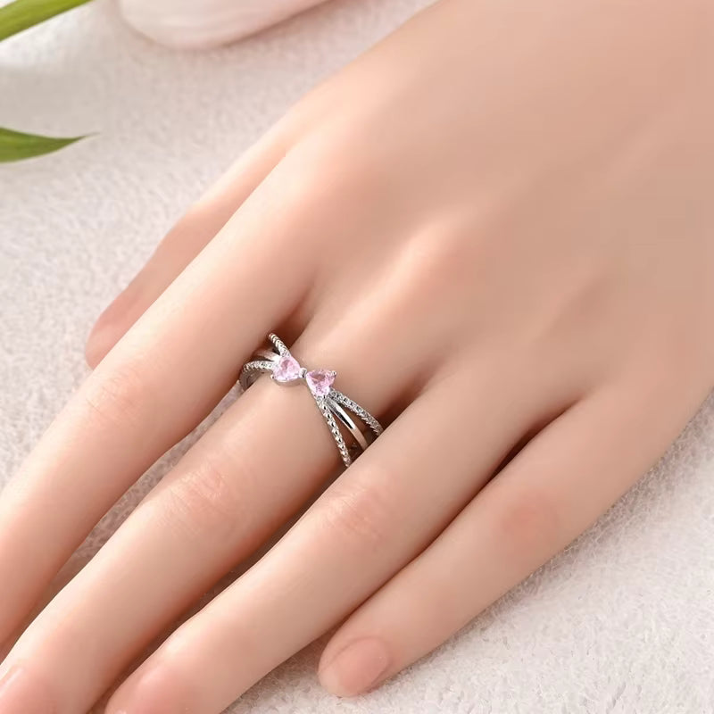 Bague Papillon avec Pierres Roses en Forme de Cœur