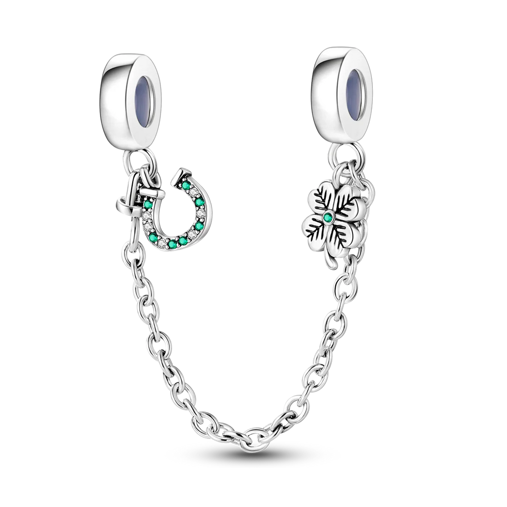 Chaîne de Sécurité Porte-Bonheur – Trèfle & Fer à Cheval avec Cristaux Verts