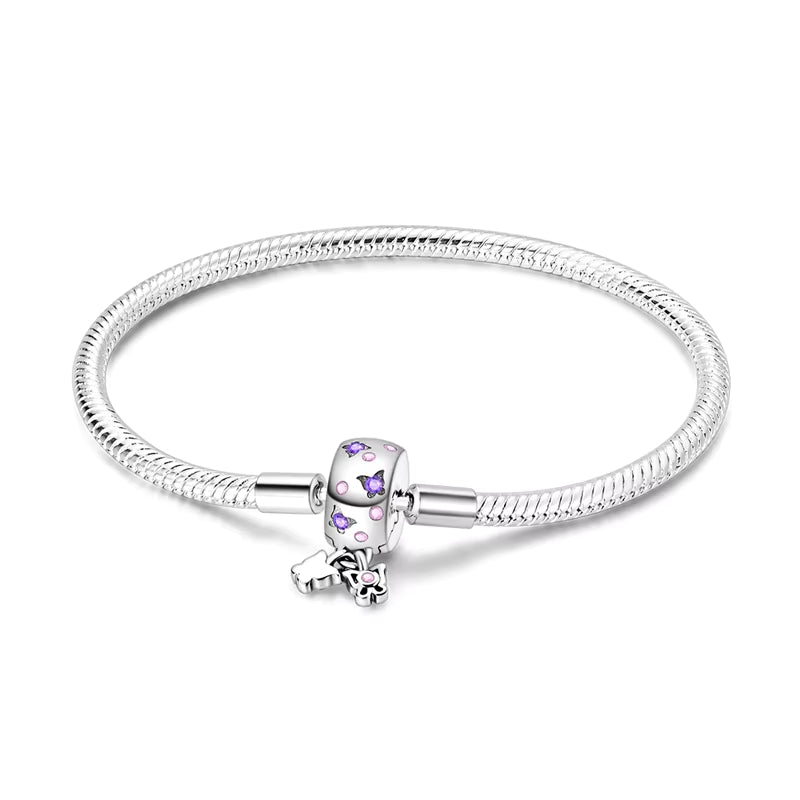 Bracelet Charm Argenté avec Perles - Papillons & Breloque Clé