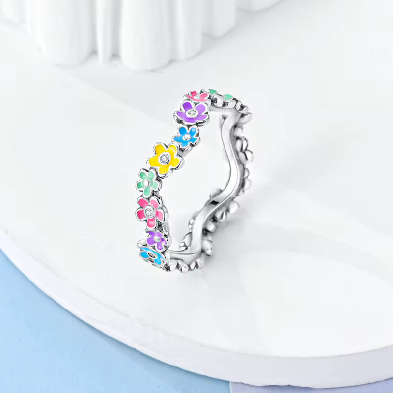 Bague Fleur Colorée Anneau Floral Émail Multicolore