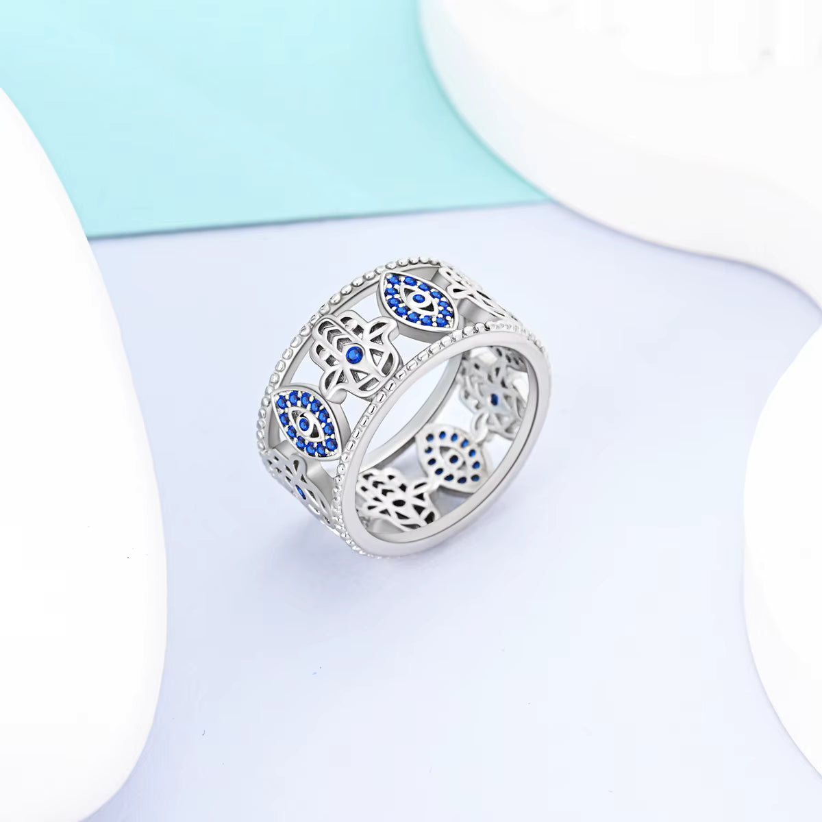 Bague Main de Fatma & Œil Protecteur Anneau Anti-Mauvais Œil avec Cristaux Bleus