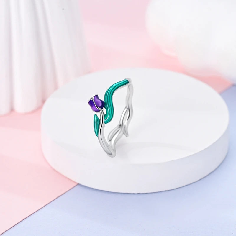 Bague Fleur Tulipe Anneau Floral Émaillé Violet & Vert
