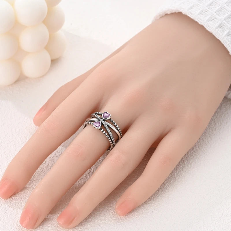 Bague Double Cœurs Anneau Croisé Élégant avec Cristaux Rose